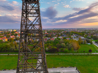 Radio station in Gliwice. The largest wooden tower in the world. The historic tower in Gliwice, aerial view.