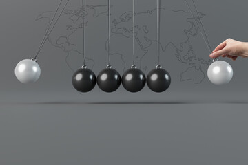 Simple Newton pendulum mechanism. Balls hitting each other. 3d rendering, 3d illustration.