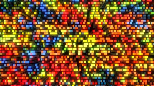 Rainbow animated background. Color chaotically moving pistons. Glowing 3d rectangles. Musical wave. Mechanical blocks. Puzzle, mosaic. Maze.  Screensaver for games, presentations, business, intro. 4k 