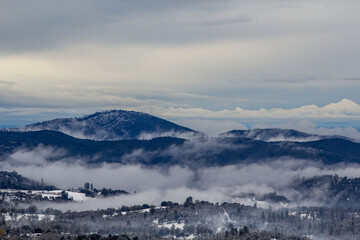 snowy pine mountains and fog