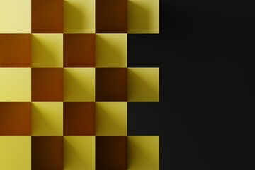Abstract pattern from yellow squares on a dark background. The concept of using textures, mockup. 3d rendering, 3d illustration.