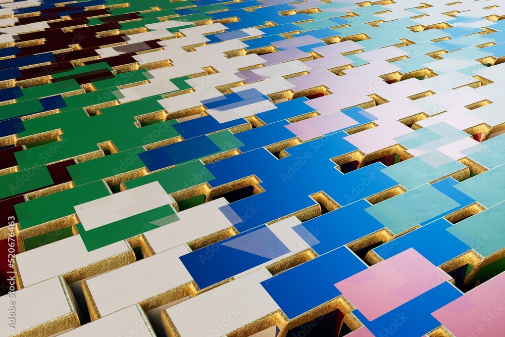 Poster abstract background. patterns of chaotically arranged illuminated multi-colored cubes. 3d illustrati