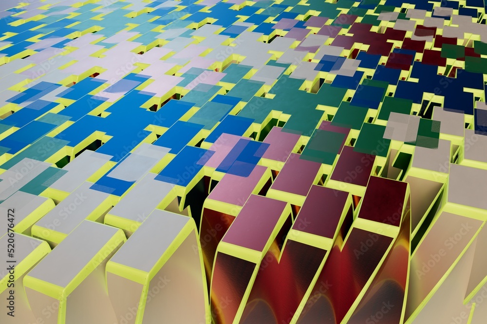 Poster abstract background. patterns of chaotically arranged illuminated multi-colored cubes. 3d illustrati