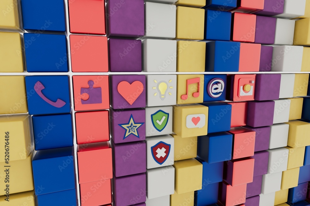 Aufkleber abstract background. social network icons on colorful cubes background. 3d illustration. 3d render