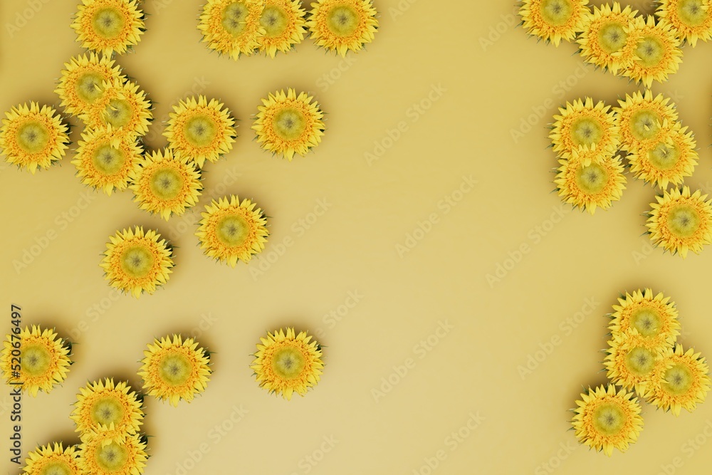 Poster abstract background. patterns of yellow flowers on a yellow background with space for text. 3d illus