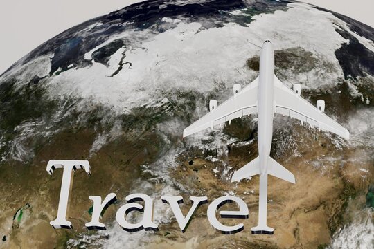 travel. vacation. airplane flight. choice of vacation spot. white plane flying around the planet with the inscription travel on a white background. 3d illustration. 3d render