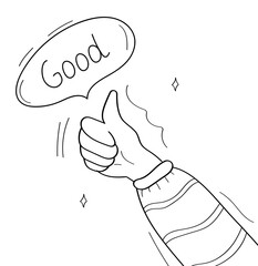 Thumb up hand gesture, amazing speech bubble, like giving concept vector in doodle style.Thank you sign. Volunteers icon.