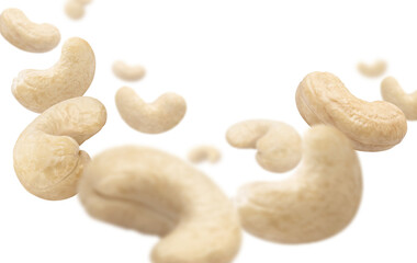 Fototapeta na wymiar Flying cashew nuts, isolated on white background