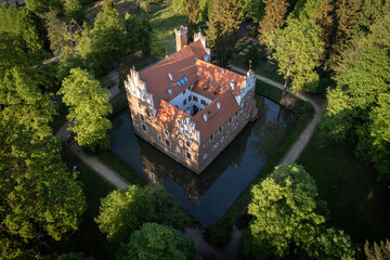 Drone view of the Castle on the water in Wojnowice, Poland