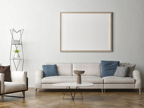 Living room with empty frame.
Mock up poster for presentation, 3d illustration, 3d render