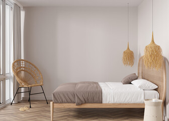 Empty beige wall in modern bedroom. Mock up interior in boho style. Free, copy space for your picture, text, or another design. Bed, rattan armchair. 3D rendering.