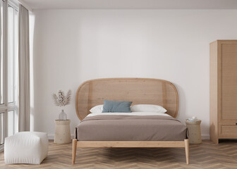 Empty white wall in modern bedroom. Mock up interior in scandinavian, boho style. Free, copy space for your picture, text, or another design. Bed, pampas grass. 3D rendering.