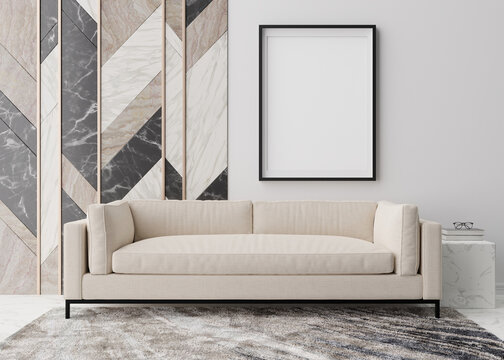 Empty vertical picture frame on white wall in modern living room. Mock up interior in minimalist, contemporary style. Free, copy space for your picture. Sofa, carpet. 3D rendering.