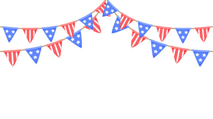 USA flag garland. US patriotic pennants chain. American party bunting decoration. United States flags for celebration. Vector background.