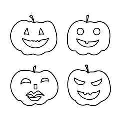 Set of the Halloween pumpkins with cute faces. Black contour drawings on white background. Vector design elements. 
