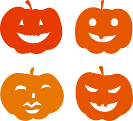 Set of the Halloween pumpkins with cute faces. Orange silhouettes on white background. Vector design elements. 