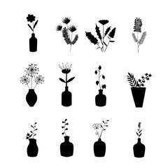 Different form vases and bottles with flowers and plants. Vector illustration. Black silhouettes. Set for graphic design. Botanical elements. 