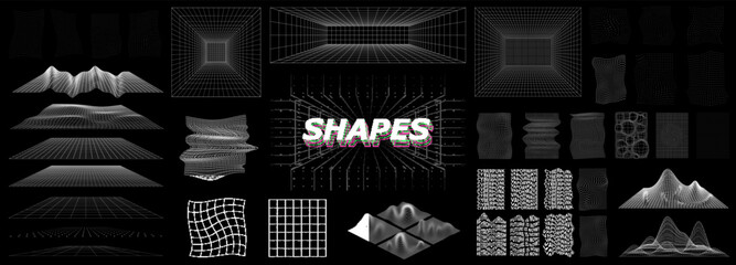 Fototapeta Volumetric objects retrofuturistic concept. Grid frame, mesh, abstract backgrounds and grid style ground, tunnels and rooms in perspective. Cyberpunk graphic set 80s 90s vaporwave. Vector elements obraz