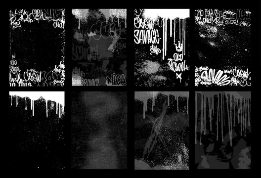 Street Monochrome Overlay Texture Stamps. Vector street art set with effect spray, grainy, graffiti, dust, dripping paint, bombing, grunge. Overlay texture with spray and graffiti tags. Vector stamps