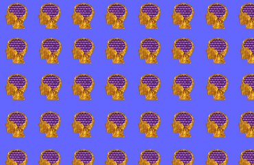 yellow water head with futuristic purple brain copied on pastel purple background, creative art modern design
