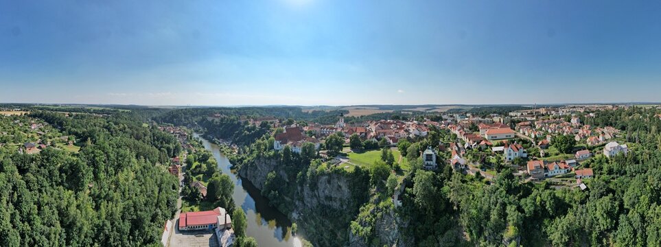 Romantic view of historical building and part of castle,banks of river Luznice in spa town Bechyne, Czech republic,Europe, město Bechyně,aerial scenic panorama landscape view of historical city center