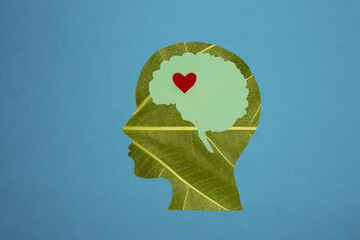 a head made of a leaf on a brain in which there is a heart, a heart and love for nature, let's save nature
