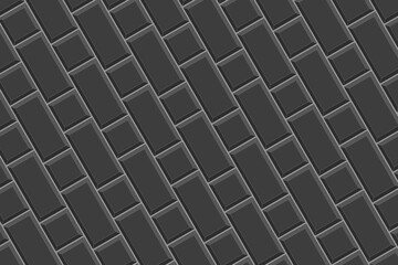 Black rectangles and squares tile in diagonal arrangement. Ceramic or stone brick wall background. Kitchen backsplash, bathroom or toilet floor seamless pattern. Vector flat illustration