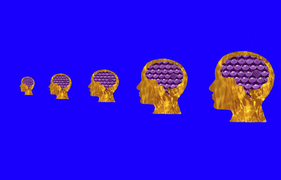 yellow water head with abstract futuristic brain, head enlargement sorted from smallest to largest on blue background, growth of intelligence
