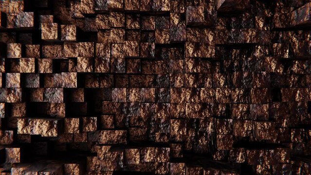 Abstract looping 3D animation of the moving dark rusty aged weathered metal rectangular poles pattern rendered in UHD as motion background