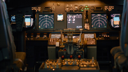 Fototapeta na wymiar Nobody in empty aviation plane with dashboard control panel to start power engine and fly airplane. Navigation command with windscreen and radar compass, speed handle. Close up.