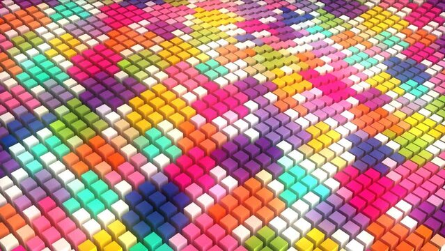 Color glow animated background. Wave motion of 3d rectangles, rhombuses, cubes. Rainbow mosaic, puzzle. Grid field. Sound membrane. Screensaver for games, logo, technology, business, presentations. 4k