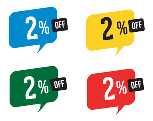  2 percent discount. Blue, yellow, green and red balloons for promotions and offers. Vector Illustration on white background.