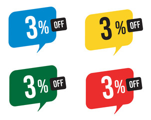 3 percent discount. Blue, yellow, green and red balloons for promotions and offers. Vector Illustration on white background.