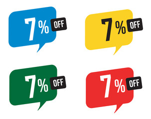 7 percent discount. Blue, yellow, green and red balloons for promotions and offers. Vector Illustration on white background.
