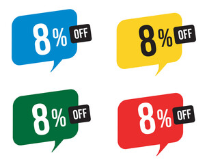 8 percent discount. Blue, yellow, green and red balloons for promotions and offers. Vector Illustration on white background.