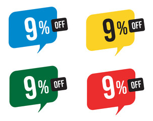 9 percent discount. Blue, yellow, green and red balloons for promotions and offers. Vector Illustration on white background.