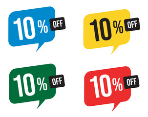 10 percent discount. Blue, yellow, green and red balloons for promotions and offers. Vector Illustration on white background.