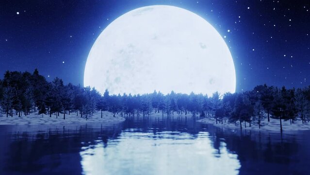 bright blue full moon at night the sky is clear at the pine forest on the mountain snow at the beginning of winter and there are reflections on the water. 3D rendering