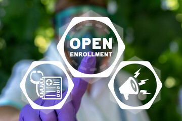 Medical concept of open enrollment. Doctor using virtual touchscreen presses of inscription: OPEN...