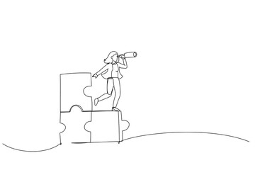 Drawing of businesswoman standing on uncompleted jigsaw looking for missing piece. Finding solution concept. Single line art style