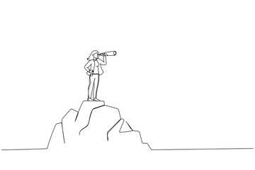 Cartoon of woman standing on top of mountain, Looking of success. Business finance, leadership, business Startup. Single continuous line art style