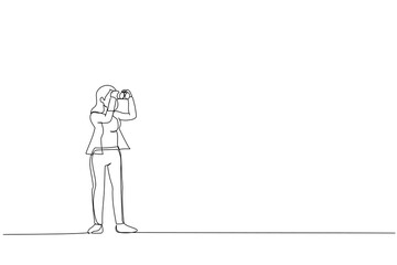 Cartoon of businesswoman Looking Through Binocular. Career direction or work achievement concept. Continuous line art