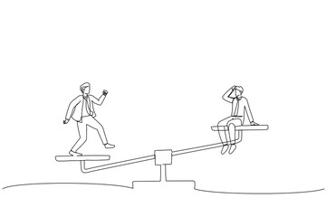Cartoon of businessman or colleagues compete for leadership. Continuous line art style