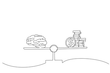 Cartoon of knowledge value in gold coins. Continuous line art style