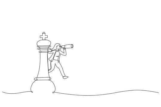 recommend clip art: Cartoon of business woman leader on king chess piece using telescope to see business strategy. Business planning decision making concept. Single continuous line art style