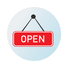 Open sign vector. Hanging open sign flat illustration. Text label. Vector illustration.