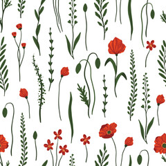 Seamless pattern with red poppy flowers. Design for packaging, label and greeting card.