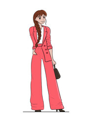 Stylish woman stands in business pantsuit with bag on white background.