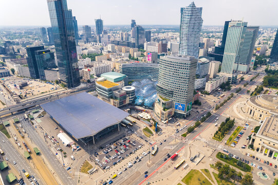 7.22.2022 Warsaw, Poland. Summer holidays destination concept. Warsaw Central Railway Station and its surroundings seen from bird's eye perspective. High quality photo