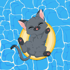 Kot bawiący się w wodzie, pływający w żółtym dmuchanym kole. Szary kotek w basenie. Ręcznie rysowany uroczy mały kot na wakacjach. Letnia wektorowa ilustracja. - obrazy, fototapety, plakaty